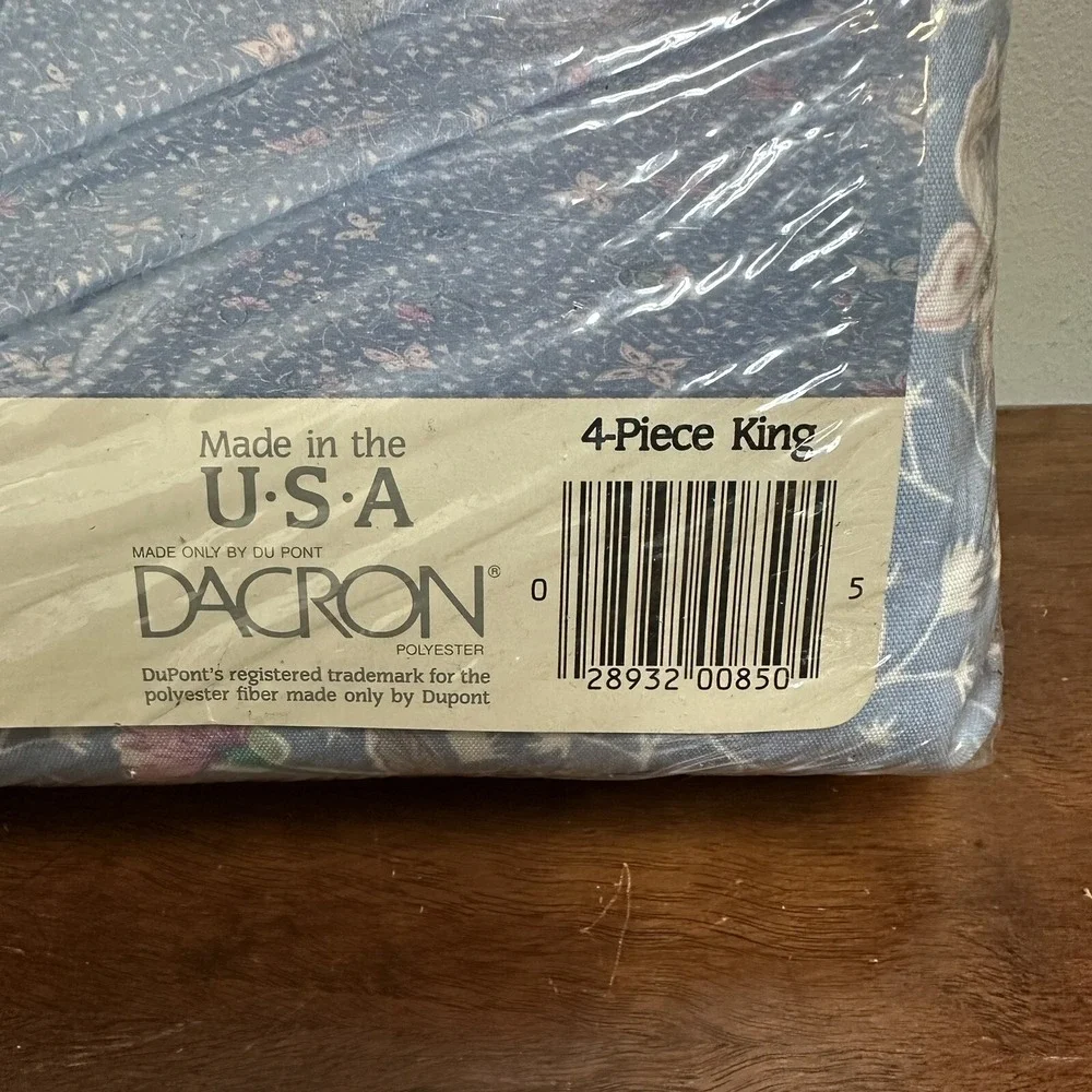 Vintage Dacron King Sheet Set Dainty Floral Butterfly Lace Made in USA NEW NOS